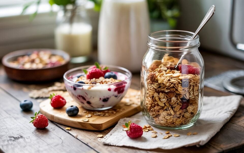 A glass jar filled with clean homemade granola and a spoon sits next to a bowl of yogurt topped with granola, blueberries, and raspberries on a wooden table, with a bottle of milk and more berries in the background.