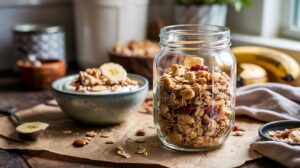 A glass jar filled with Peanut Butter Granola, nuts, and dried fruit sits on a rustic table next to a bowl of yogurt topped with granola and banana slices. Bananas and kitchen items are blurred in the background.
