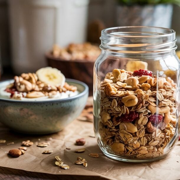 A glass jar filled with Peanut Butter Granola, nuts, and dried fruit sits on a rustic table next to a bowl of yogurt topped with granola and banana slices. Bananas and kitchen items are blurred in the background.