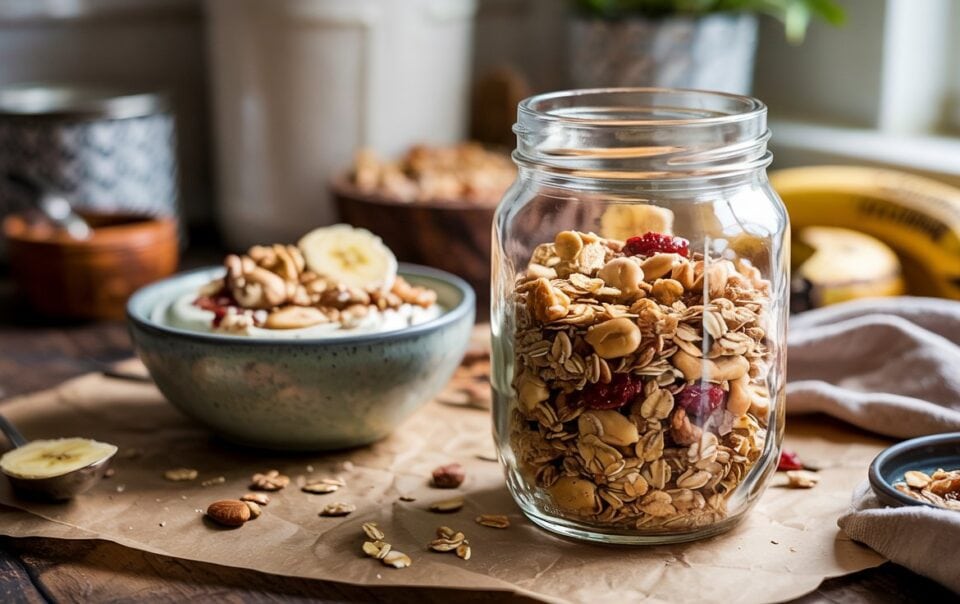 A glass jar filled with Peanut Butter Granola, nuts, and dried fruit sits on a rustic table next to a bowl of yogurt topped with granola and banana slices. Bananas and kitchen items are blurred in the background.