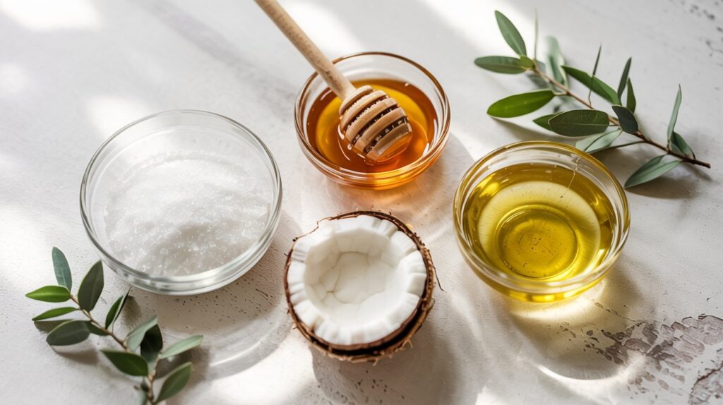 Three glass bowls containing ingredients for a DIY Sugar Scrub—sugar, honey with a dipper, and oil—sit beside half a coconut and eucalyptus sprigs on a white surface.