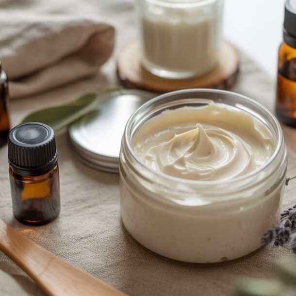 A glass jar of creamy tallow skincare lotion sits on a beige cloth, surrounded by small amber bottles, a wooden spoon, a sprig of lavender, and a jar with a metal lid in a bright, softly lit setting.