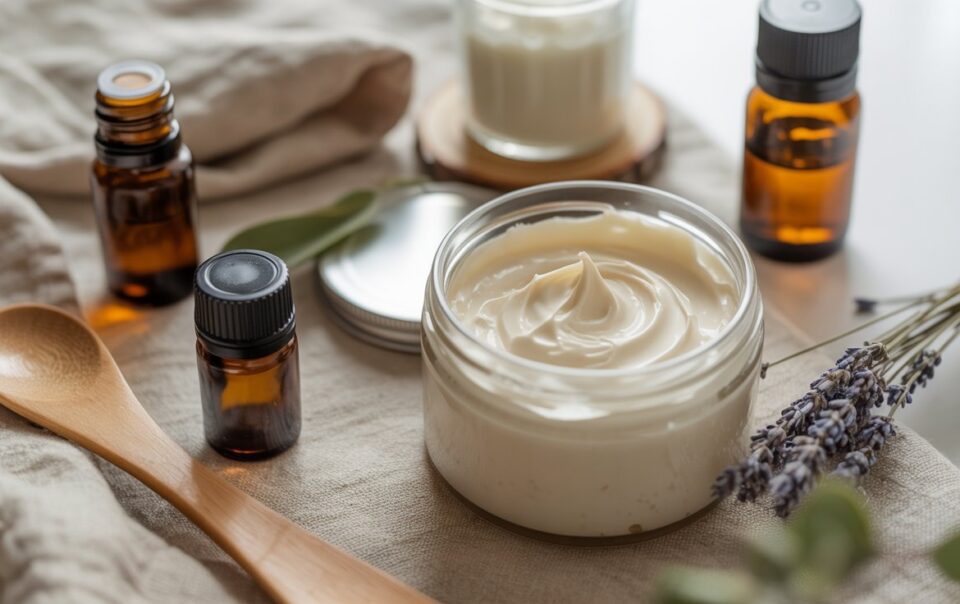 A glass jar of creamy tallow skincare lotion sits on a beige cloth, surrounded by small amber bottles, a wooden spoon, a sprig of lavender, and a jar with a metal lid in a bright, softly lit setting.
