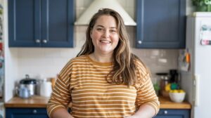 A woman with long brown hair, wearing a yellow and white striped shirt, smiles while standing in a kitchen with blue cabinets and a wooden countertop—ready to maximize results on her weight loss journey.