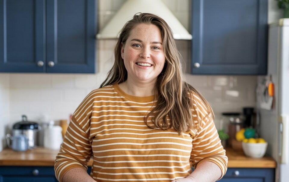 A woman with long brown hair, wearing a yellow and white striped shirt, smiles while standing in a kitchen with blue cabinets and a wooden countertop—ready to maximize results on her weight loss journey.