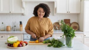 A woman in a yellow shirt smiles while chopping yellow tomatoes at a kitchen counter, surrounded by fresh vegetables and herbs, embracing healthy habits to keep weight off in her bright, modern kitchen.