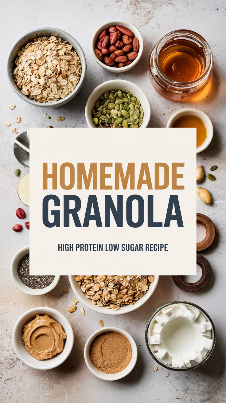 Assorted bowls of high protein granola ingredients—oats, nuts, seeds, honey, nut butter, cinnamon, and yogurt—arranged around a sign that reads Homemade Granola: High Protein Low Sugar Recipe. Perfect for a GLP-1 friendly breakfast!.