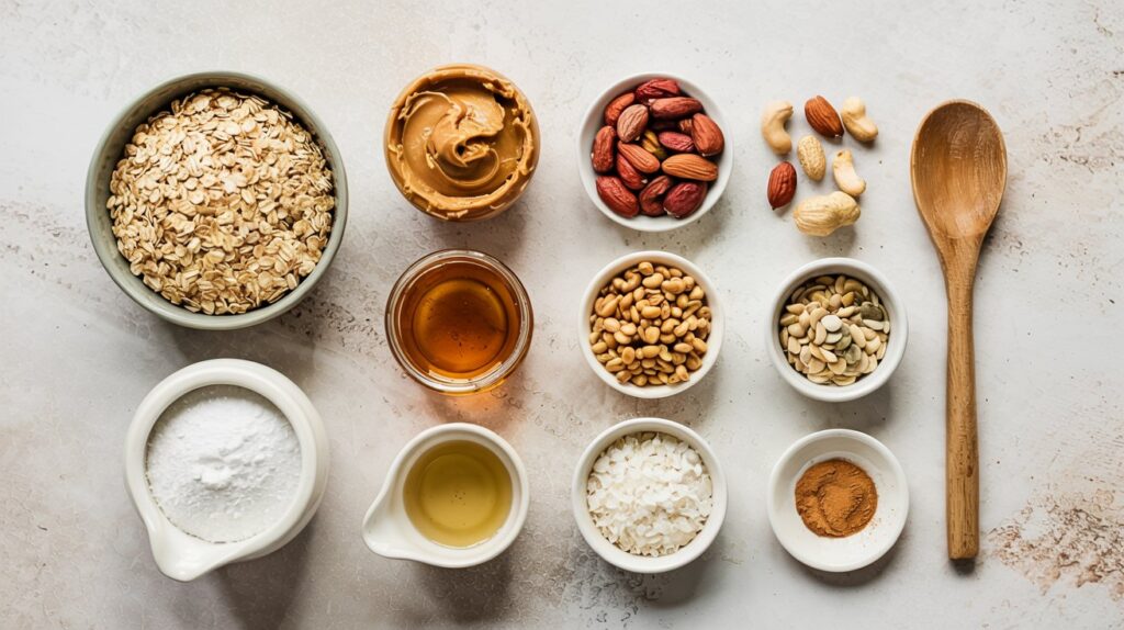 Top-down view of bowls filled with oats, peanut butter, mixed nuts, honey, seeds, and other dry ingredients—perfect for creating homemade High Protein Granola. A wooden spoon rests nearby on the light surface.