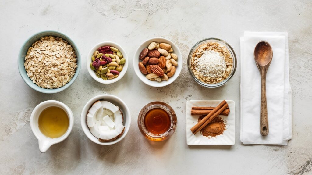 An overhead view of bowls containing oats, mixed nuts, seeds, coconut, honey, and spices—perfect ingredients for clean homemade granola—with a wooden spoon and stacked napkins arranged neatly on a light-colored surface.