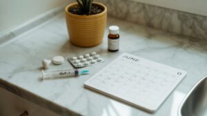 A syringe labeled GLP-1, a bottle of pills, tablet blister packs, and a June calendar are arranged on a marble countertop near a potted plant.
