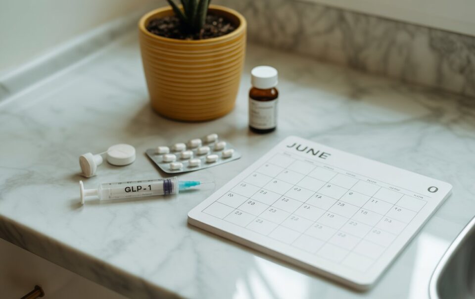A syringe labeled GLP-1, a bottle of pills, tablet blister packs, and a June calendar are arranged on a marble countertop near a potted plant.