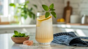 A refreshing drink with lemon slices, mint leaves, and lemon balm sits on a kitchen counter next to a small bowl of fresh mint, pink Himalayan salt, coarse salt, and a blue-striped cloth. Sunlight streams in the background.