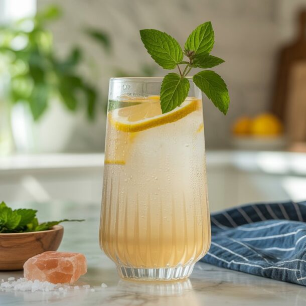 A refreshing drink with lemon slices, mint leaves, and lemon balm sits on a kitchen counter next to a small bowl of fresh mint, pink Himalayan salt, coarse salt, and a blue-striped cloth. Sunlight streams in the background.