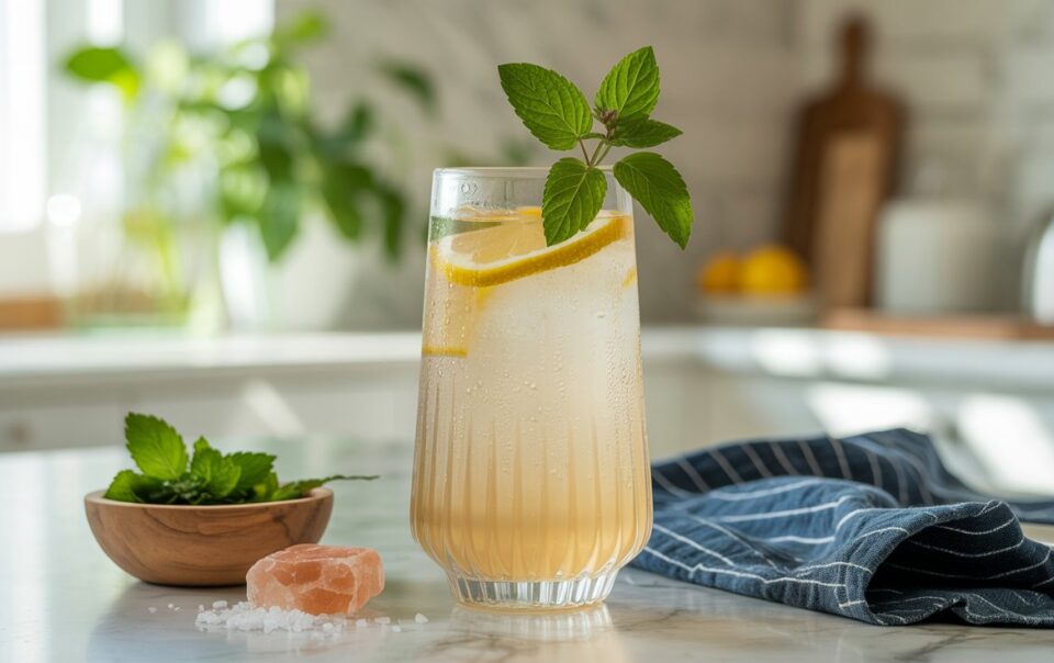 A refreshing drink with lemon slices, mint leaves, and lemon balm sits on a kitchen counter next to a small bowl of fresh mint, pink Himalayan salt, coarse salt, and a blue-striped cloth. Sunlight streams in the background.