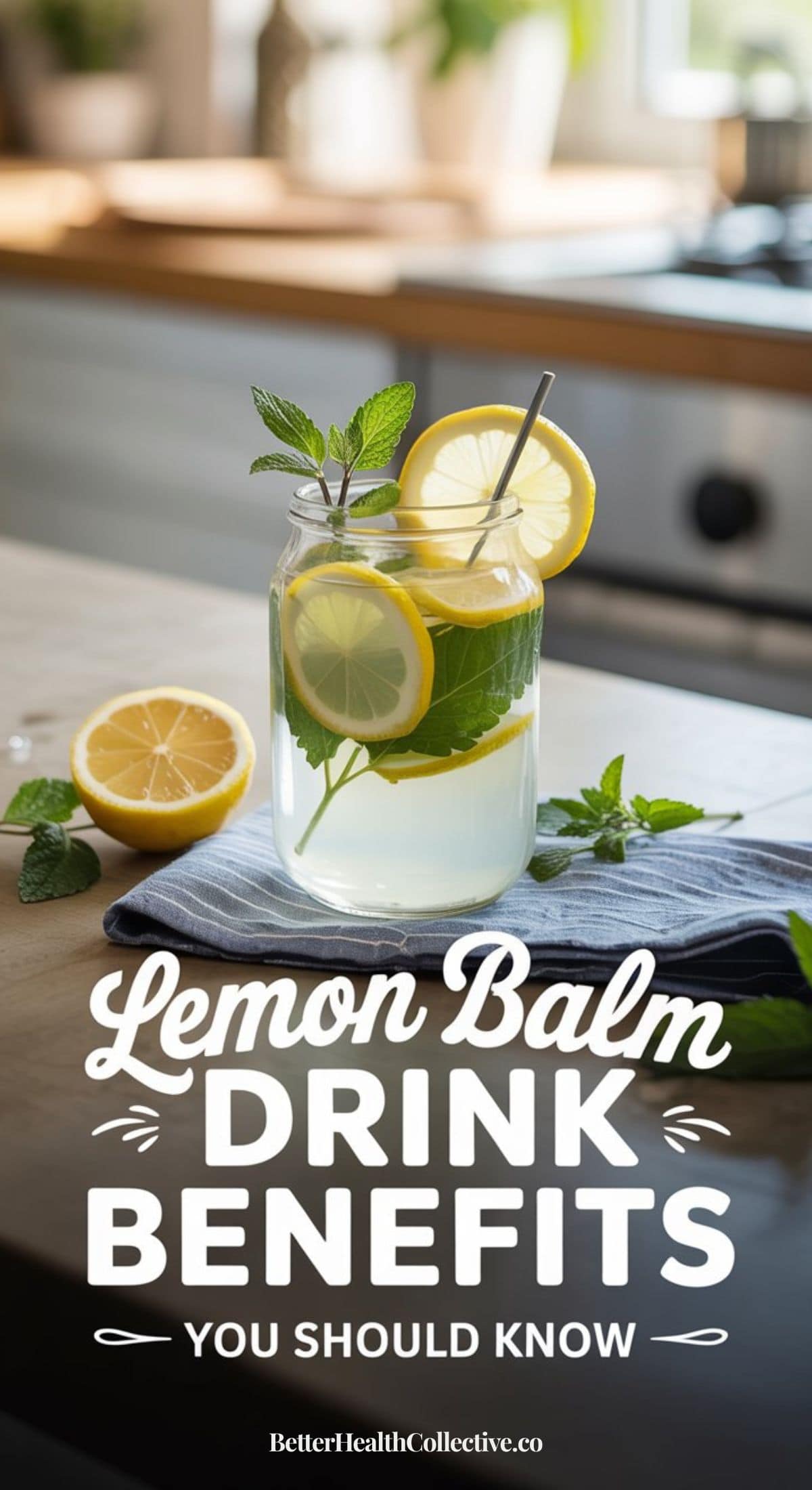 A mason jar of refreshing Lemon Balm drink with lemon slices and mint leaves sits on a striped cloth in a bright kitchen. Text reads: Lemon Balm Benefits You Should Know. BetterHealthCollective.co.