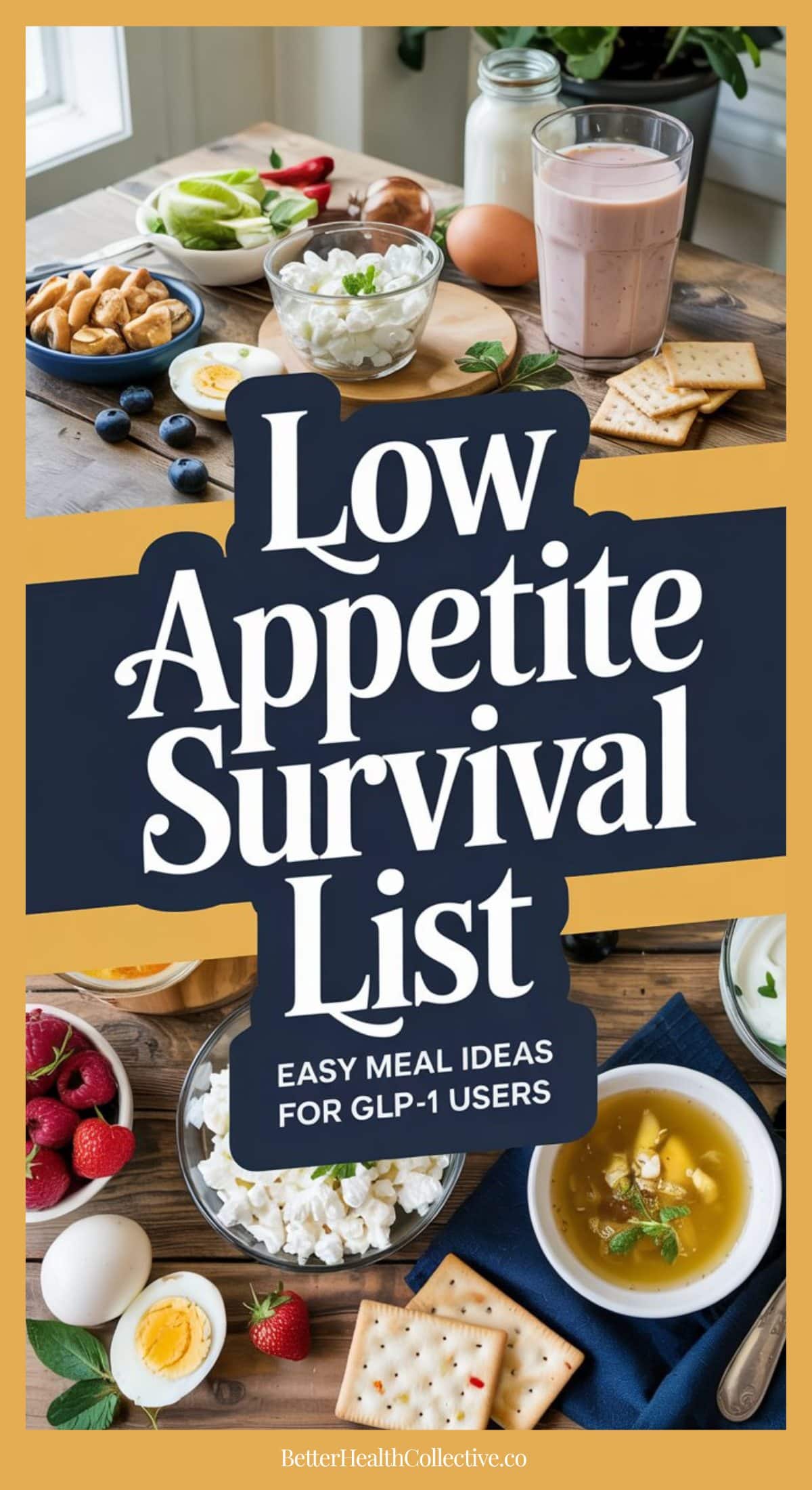 A variety of small, healthy meals including fruit, cheese, yogurt, soup, and a smoothie are arranged on a kitchen table. Text reads: Low Appetite Survival List—what to eat for GLP-1 users with reduced appetite.