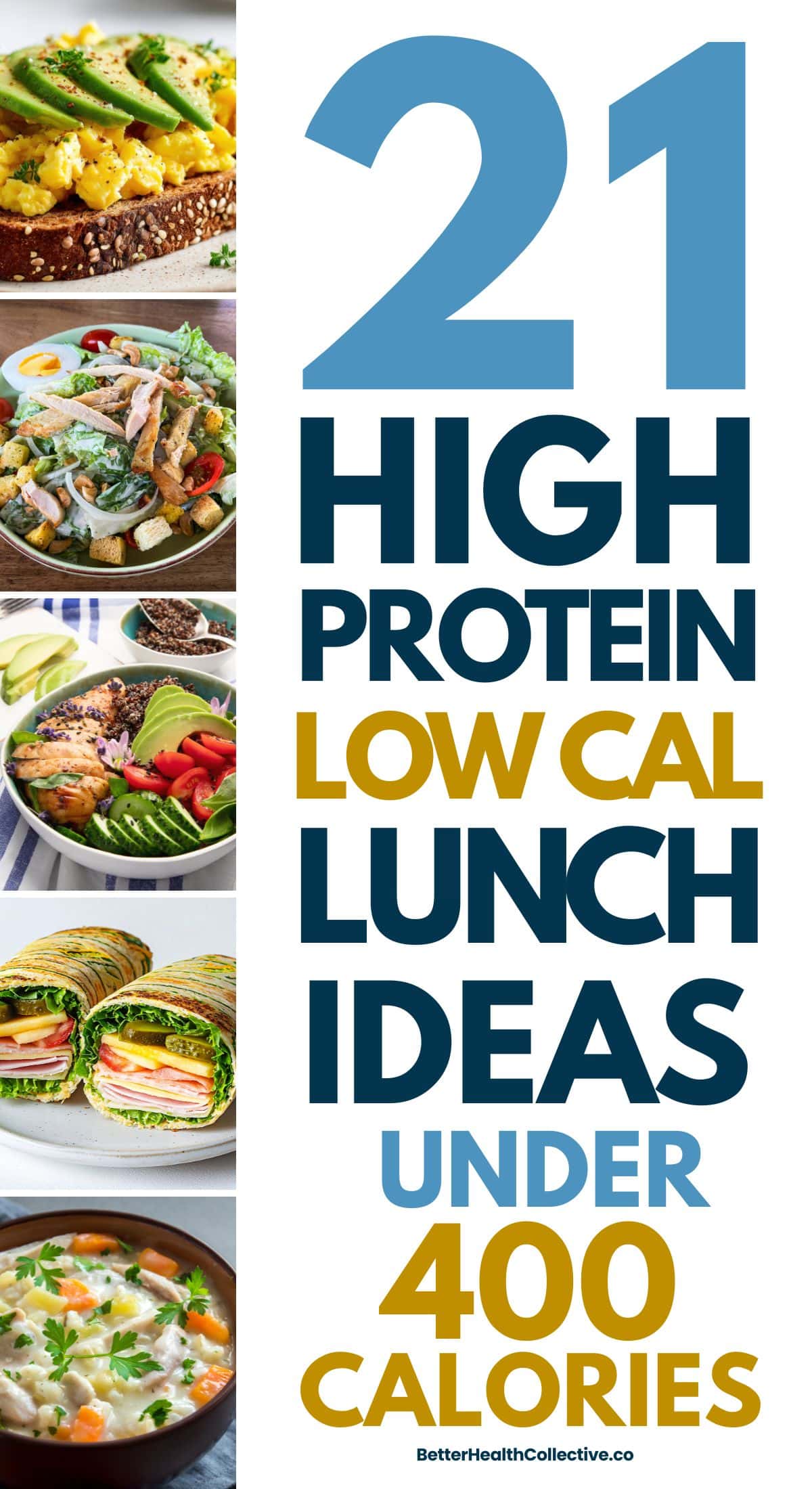Vertical graphic with photos of healthy meals like toast, salad, bowls, wraps, and soup. Text reads: 21 High Protein Low Calorie Lunches Under 400 Calories. BetterHealthCollective.co.