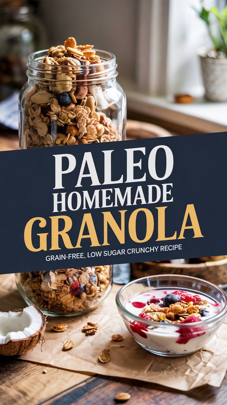 A jar of homemade Paleo granola sits on a wooden table next to a bowl of yogurt topped with grain-free granola and berries. Text over the image reads Paleo Homemade Granola—grain-free, low sugar crunchy recipe.