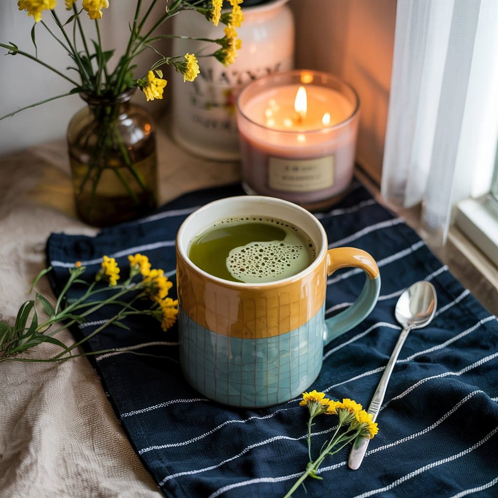 A colorful mug of green tea, one of the best teas for weight loss, sits on a blue cloth beside yellow flowers, a lit candle, a small vase, and a spoon near a window, creating a cozy and inviting atmosphere.