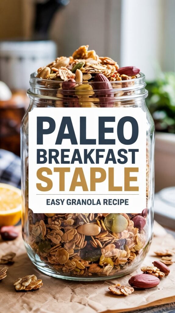 A glass jar filled with grain-free granola sits on a counter. The label reads: “Paleo Breakfast Staple - Easy Granola Recipe.” Various nuts and seeds are visible in this wholesome low sugar granola mix.
