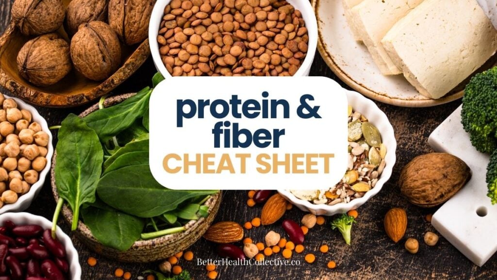 A variety of protein and fiber-rich foods, including nuts, beans, tofu, spinach, and seeds, surround text that reads “protein & fiber CHEAT SHEET” on a kitchen counter—great for those looking to maximize results in their weight loss journey.