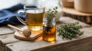 A glass cup of herbal tea, a jar of honey with fresh herbs, a wooden honey dipper, and a bundle of fresh thyme—classic ingredients for a natural remedy like Thyme Cough Syrup—are beautifully arranged on a rustic wooden table.