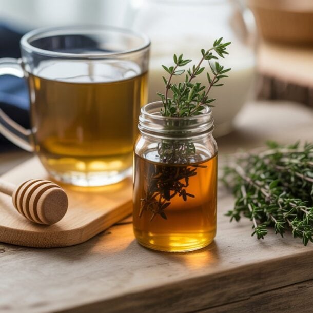 A glass cup of herbal tea, a jar of honey with fresh herbs, a wooden honey dipper, and a bundle of fresh thyme—classic ingredients for a natural remedy like Thyme Cough Syrup—are beautifully arranged on a rustic wooden table.