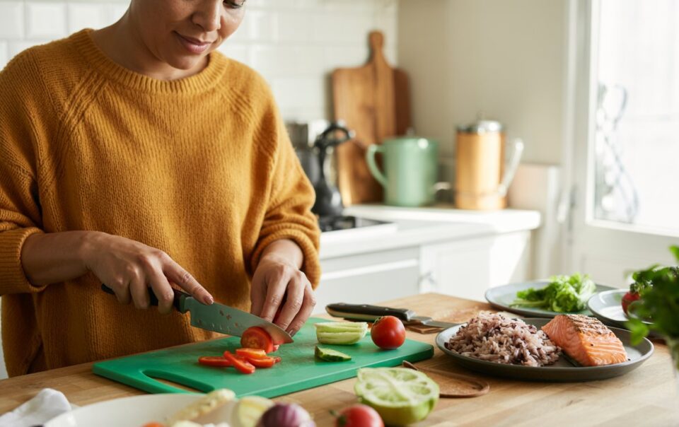 A person wearing a mustard yellow sweater slices vegetables on a green cutting board in a bright kitchen. Plates of rice, salmon—one of the best protein sources—and vegetables are on the counter nearby.