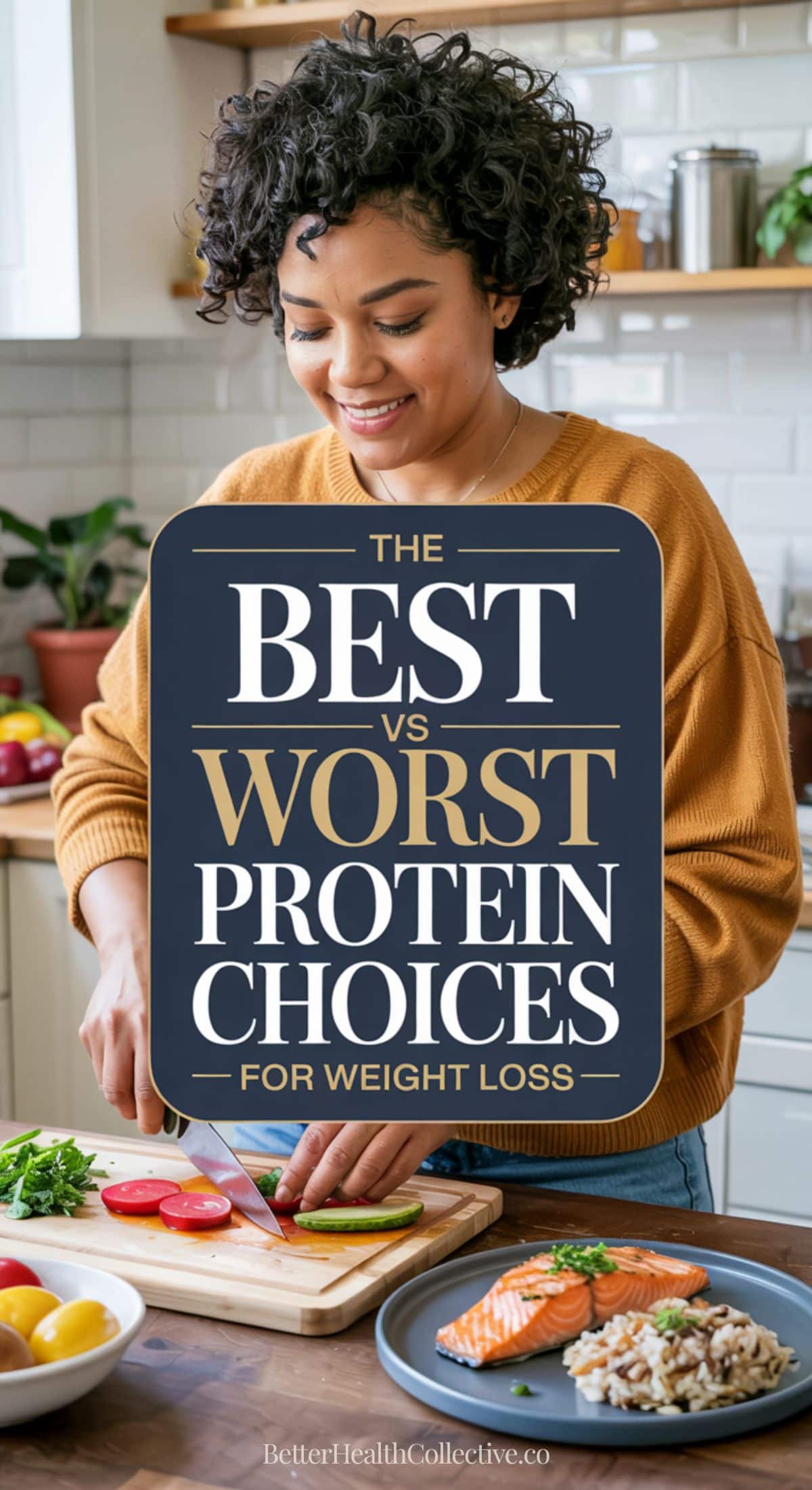 A woman smiles while slicing vegetables in a kitchen. A plate with salmon and greens sits nearby. Overlaid text reads: The Best vs Worst Protein Choices For Weight Loss, highlighting the best protein sources for your health goals.