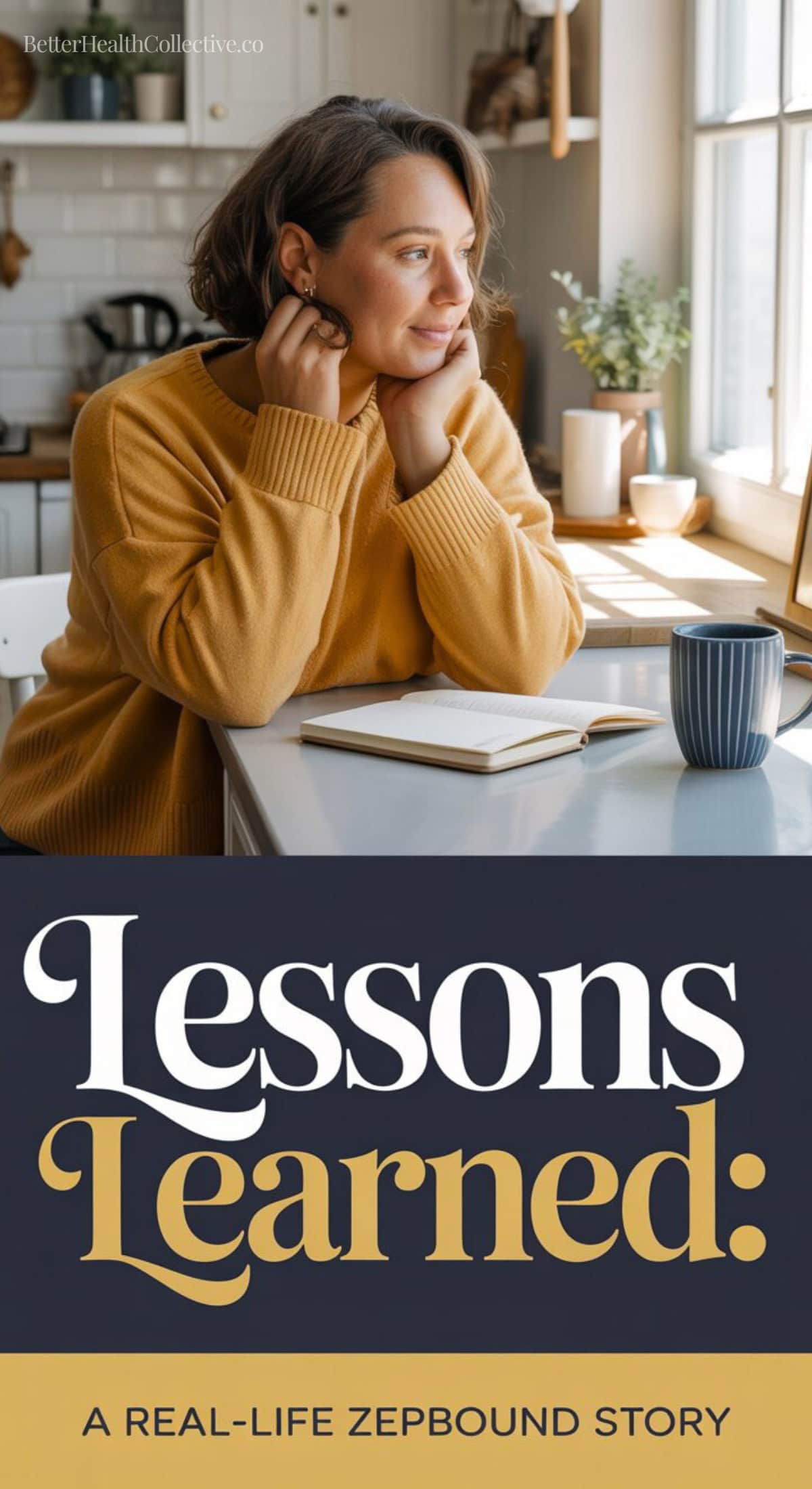 A busy mom in a yellow sweater sits at a kitchen table with a notebook and striped mug, gazing thoughtfully out the window. Text below reads, Lessons Learned: A real-life Zepbound story.