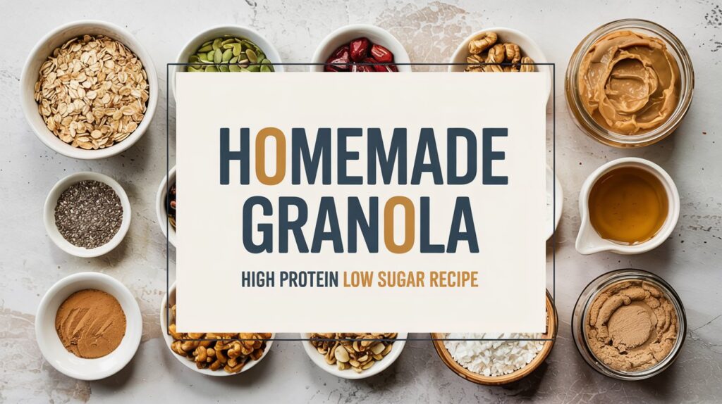 Bowls and jars of granola ingredients—oats, seeds, dried fruit, nuts, nut butter, and honey—surround a sign reading: Homemade Granola. A GLP-1 friendly, high protein granola with a low sugar recipe.