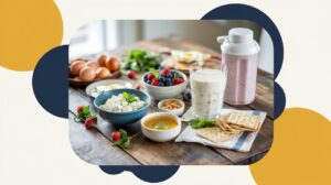 A wooden table topped with a variety of breakfast foods, perfect for those experiencing appetite loss or wondering what to eat on GLP-1, including eggs, mixed berries, cottage cheese, almonds, honey, crackers, milk, a pink smoothie, and fresh greens.