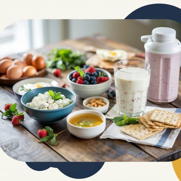 A wooden table topped with a variety of breakfast foods, perfect for those experiencing appetite loss or wondering what to eat on GLP-1, including eggs, mixed berries, cottage cheese, almonds, honey, crackers, milk, a pink smoothie, and fresh greens.