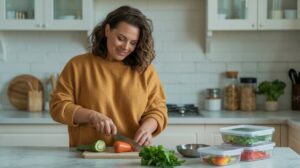A busy mom in a mustard sweater smiles while slicing vegetables on a kitchen counter. Containers of chopped veggies and fresh greens sit nearby, with a bright, modern kitchen in the background.