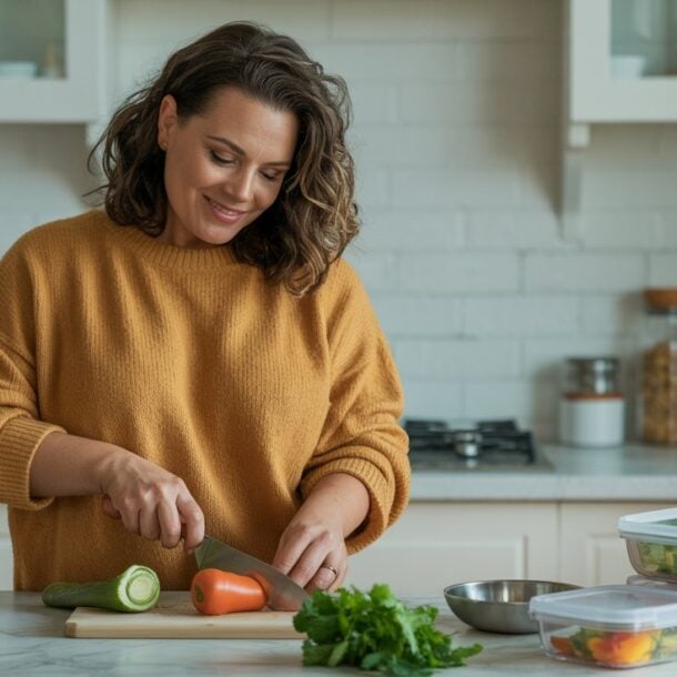 A busy mom in a mustard sweater smiles while slicing vegetables on a kitchen counter. Containers of chopped veggies and fresh greens sit nearby, with a bright, modern kitchen in the background.