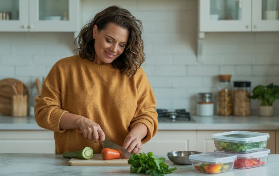 A busy mom in a mustard sweater smiles while slicing vegetables on a kitchen counter. Containers of chopped veggies and fresh greens sit nearby, with a bright, modern kitchen in the background.