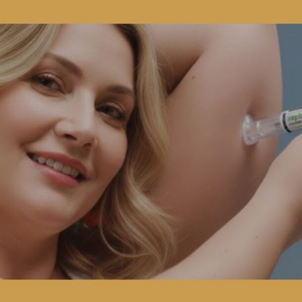 A smiling woman with wavy blonde hair applies a cream or gel from a tube to her underarm, showing where to take care for best results. The blue background has orange borders and a small circular logo in the lower right corner.