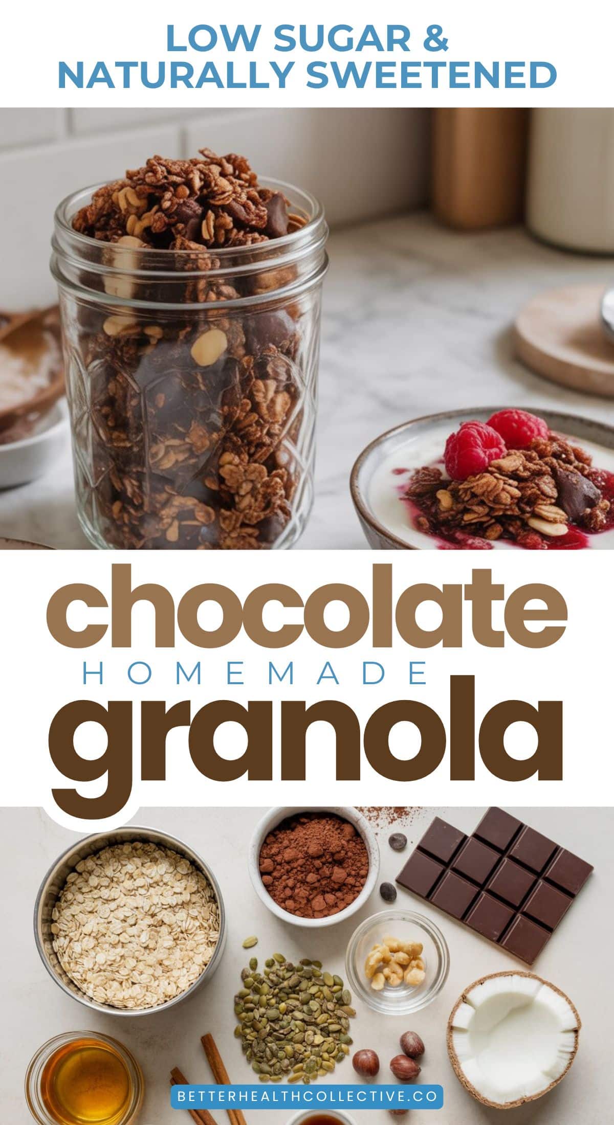 A collage showing jars and bowls of Dark Chocolate Homemade Granola, fresh berries, oats, seeds, chocolate, and honey. Text reads: “Low Sugar & Naturally Sweetened Homemade Chocolate Granola.”.