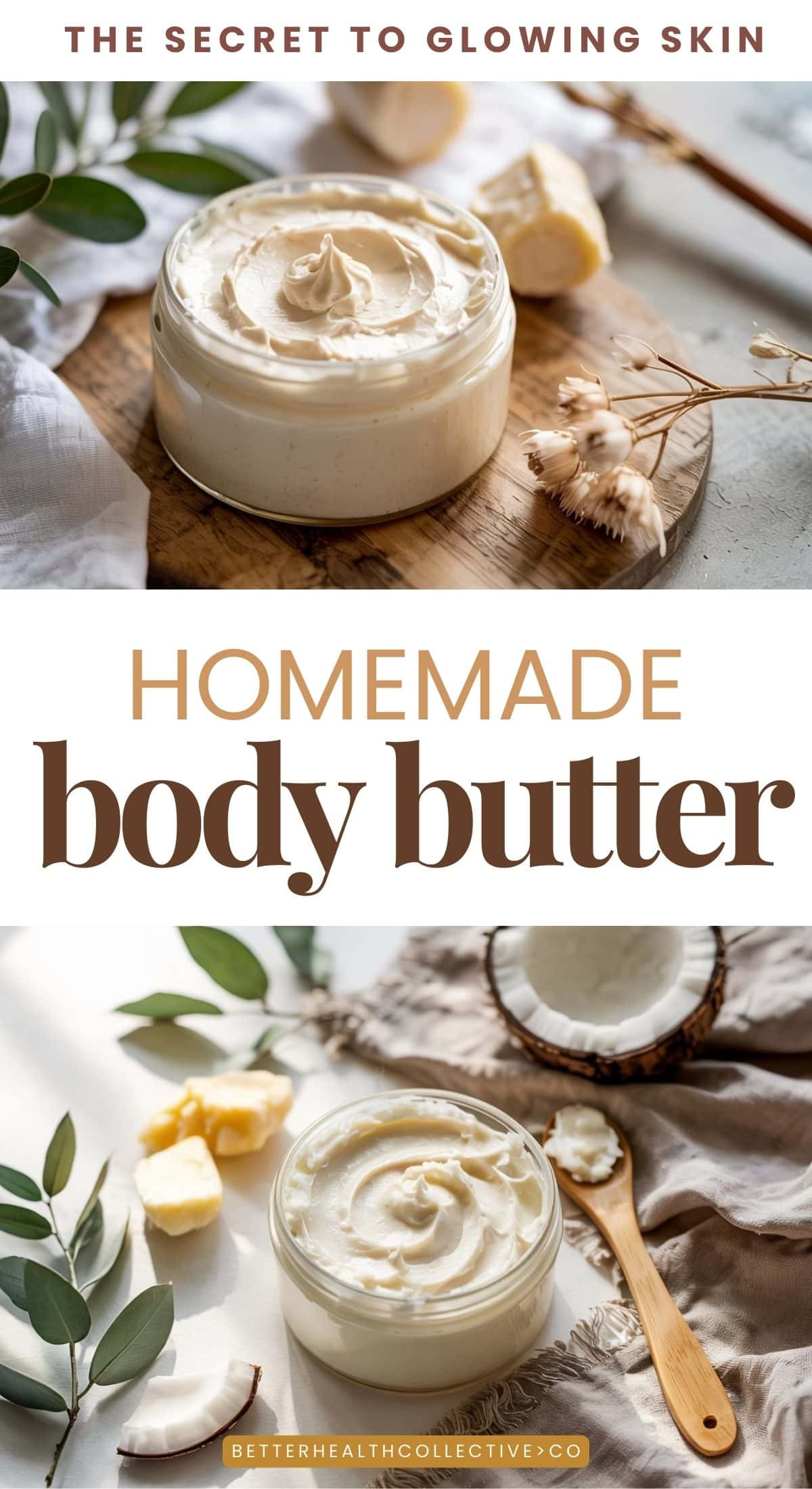 An open jar of creamy DIY Body Butter rests on a wooden surface, surrounded by natural ingredients and leaves. Text reads “Homemade Body Butter—The Secret to Glowing Skin.”.