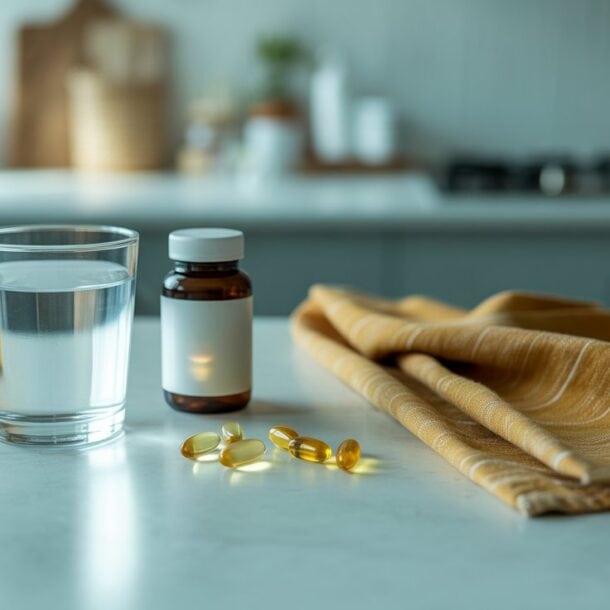 A glass of water, a brown pill bottle, and four yellow B12 capsules are placed on a white countertop next to a folded yellow cloth in a modern kitchen setting.