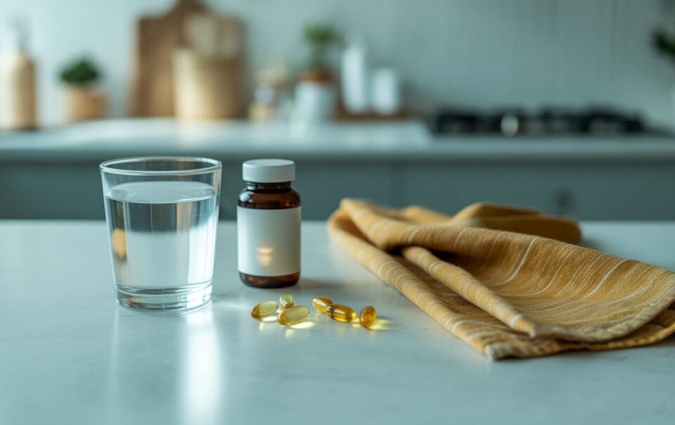 A glass of water, a brown pill bottle, and four yellow B12 capsules are placed on a white countertop next to a folded yellow cloth in a modern kitchen setting.