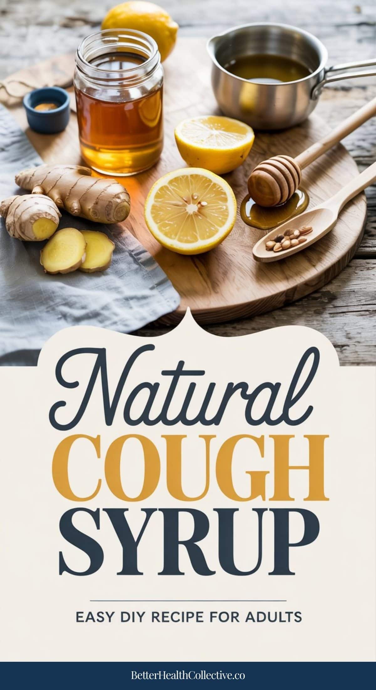 A cutting board with honey, lemon, ginger, and a saucepan sits above text that reads: Easy homemade cough syrup—gentle cough remedy for adults. BetterHealthCollective.co.