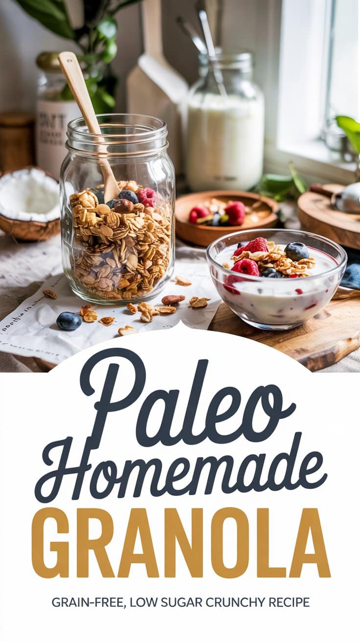 A jar of homemade Paleo granola with a wooden spoon sits beside a bowl of grain-free granola and milk with berries. Fruits and ingredients are on the table. Text below reads: Paleo Homemade Granola - Grain-free, low sugar crunchy recipe.