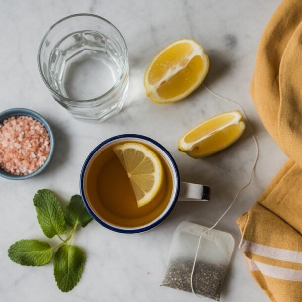 A cup of herbal tea with a lemon slice, a glass of water, lemon wedges, pink salt in a small bowl, fresh mint leaves, a tea bag, and a yellow cloth on a marble surface evoke the refreshing essence of a natural mounjaro drink.