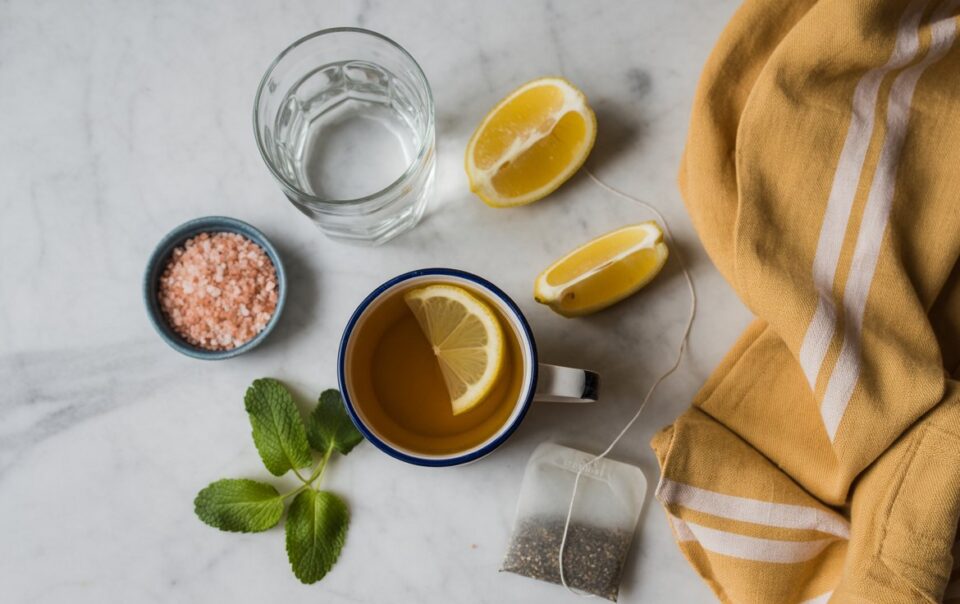 A cup of herbal tea with a lemon slice, a glass of water, lemon wedges, pink salt in a small bowl, fresh mint leaves, a tea bag, and a yellow cloth on a marble surface evoke the refreshing essence of a natural mounjaro drink.