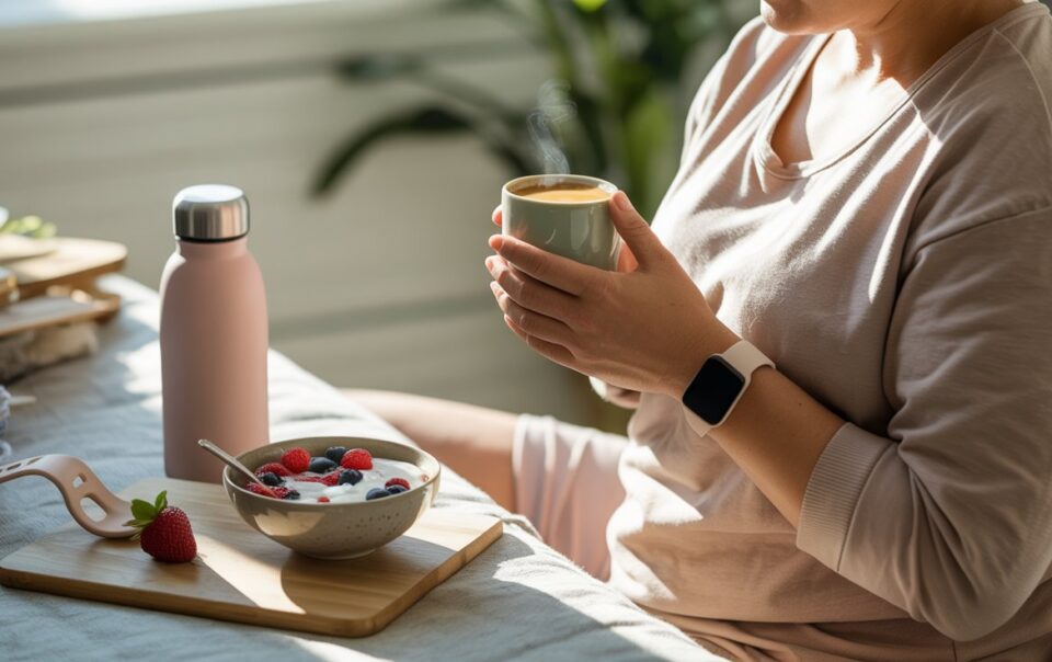A person wearing a smartwatch sits at a table holding a mug, enjoying their morning routine. In front of them is a bowl of yogurt with berries, a strawberry, water bottle, and sleep mask, with sunlight streaming in the background.