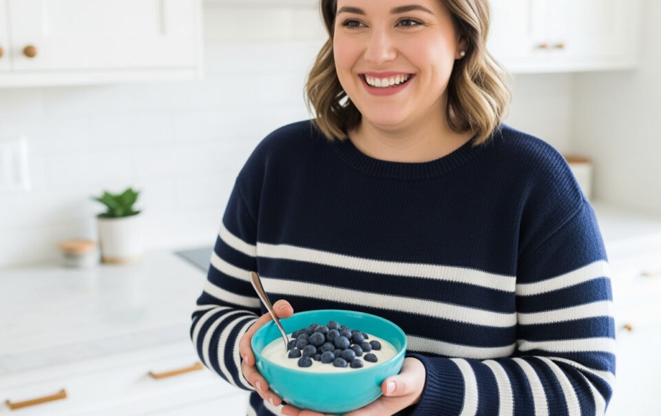 A smiling woman in a navy and white striped sweater holds a bowl of yogurt topped with fresh blueberries, enjoying a bright, modern kitchen as she follows the 30-30-30 Rule for a balanced morning routine.