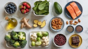 A variety of healthy Anti Inflammation Foods on a marble surface, including blueberries, spinach, salmon, ginger, and seeds—perfect for Less Bloating and wholesome Diet Recipes.