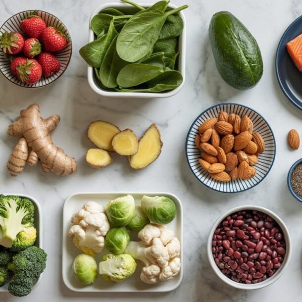 A variety of healthy Anti Inflammation Foods on a marble surface, including blueberries, spinach, salmon, ginger, and seeds—perfect for Less Bloating and wholesome Diet Recipes.