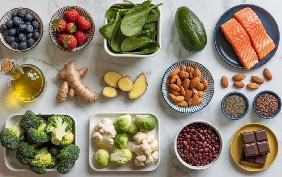 A variety of healthy Anti Inflammation Foods on a marble surface, including blueberries, spinach, salmon, ginger, and seeds—perfect for Less Bloating and wholesome Diet Recipes.